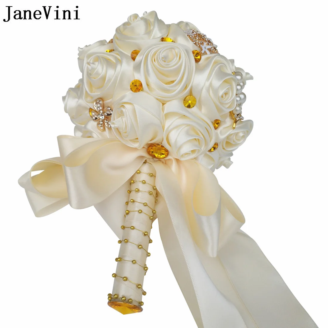 JaneVini Gold Crystal Diamond Bridal Wedding Bouquet Pearls Ivory Ribbon Rose Beaded Bride Flower Bouquet Fleurs Fleur Bordeaux