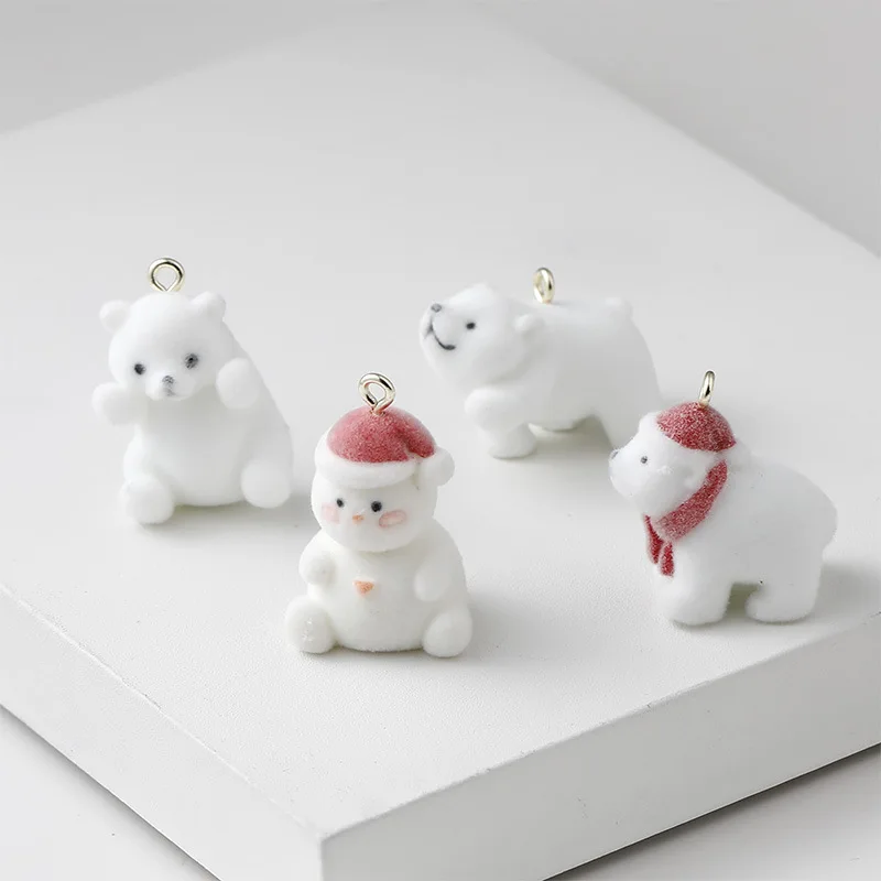 

4Pcs 3D Flocked Cute Polar Bear Charms Kawaii Snowman Resin Pendant Earring Keychain Accessories for DIY Crafts Jewelry Make