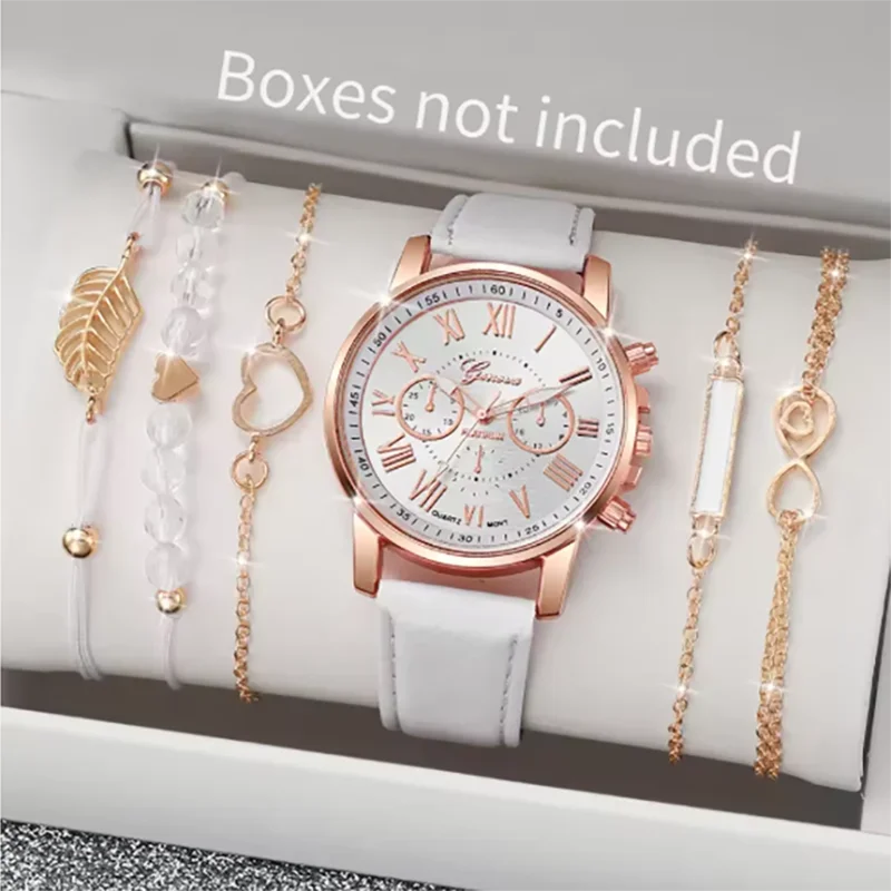 6 Pçs/set Relógio Feminino Moda Roma Dial Relógios de Quartzo Conjunto de Pulseiras (Sem Caixa)