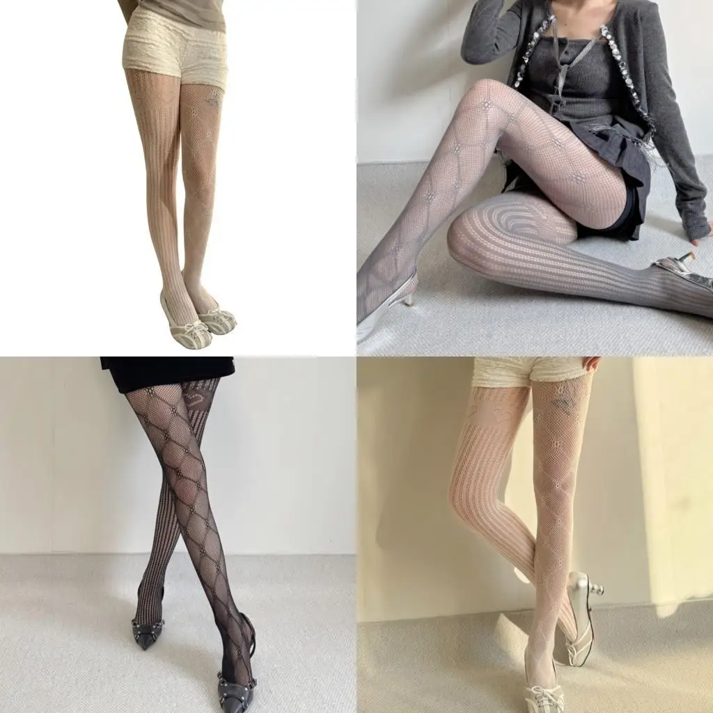 

L5YC Women Aesthetic Asymmetrical Argyle Heart Pattern Mesh Pantyhose Tights