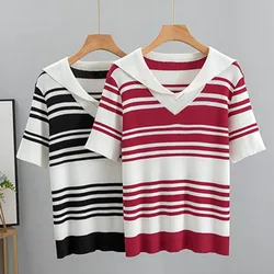 Suéter a rayas para Mujer, Jersey De punto fino, Tops grandes coreanos, jersey De manga corta, talla grande 3XL, 5XL, Verano