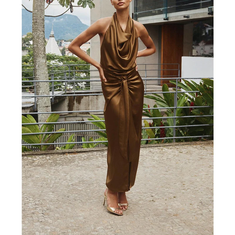 Ele High Waist Silk Satin Bal Midi Dr Summer New Women's Faion Hanging Collar Gown Svel Long Skirt