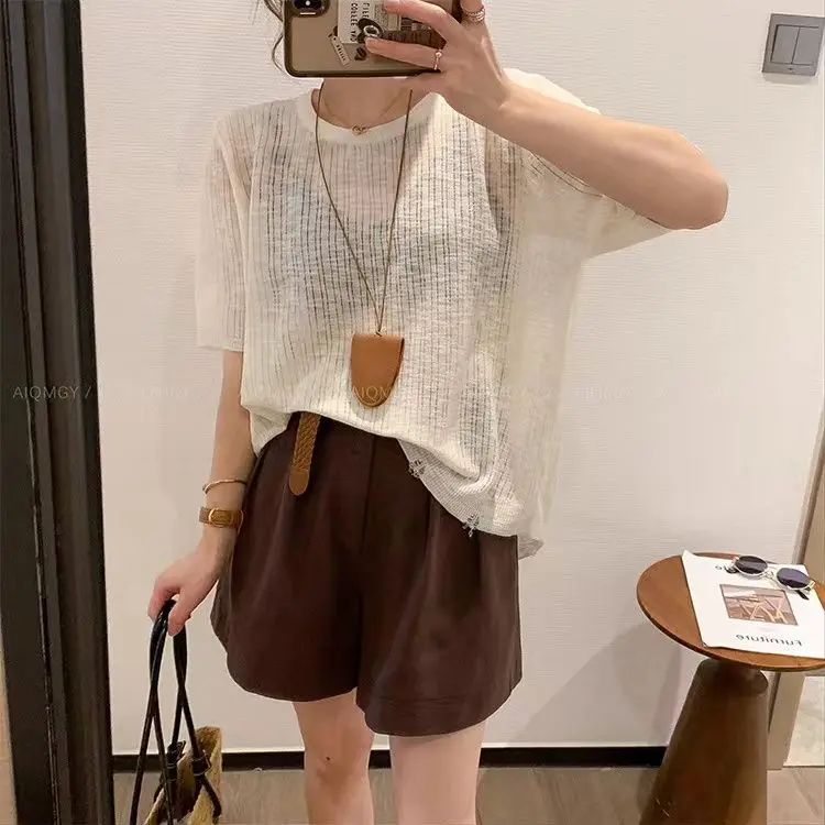 الاتجاه الصلبة س الرقبة الجوف الحرير الجليد محبوك تي شيرت موضة قصيرة الأكمام بلوزات الصيف المحاصيل القمم الحلو ملابس حريمي غير رسمية Z229