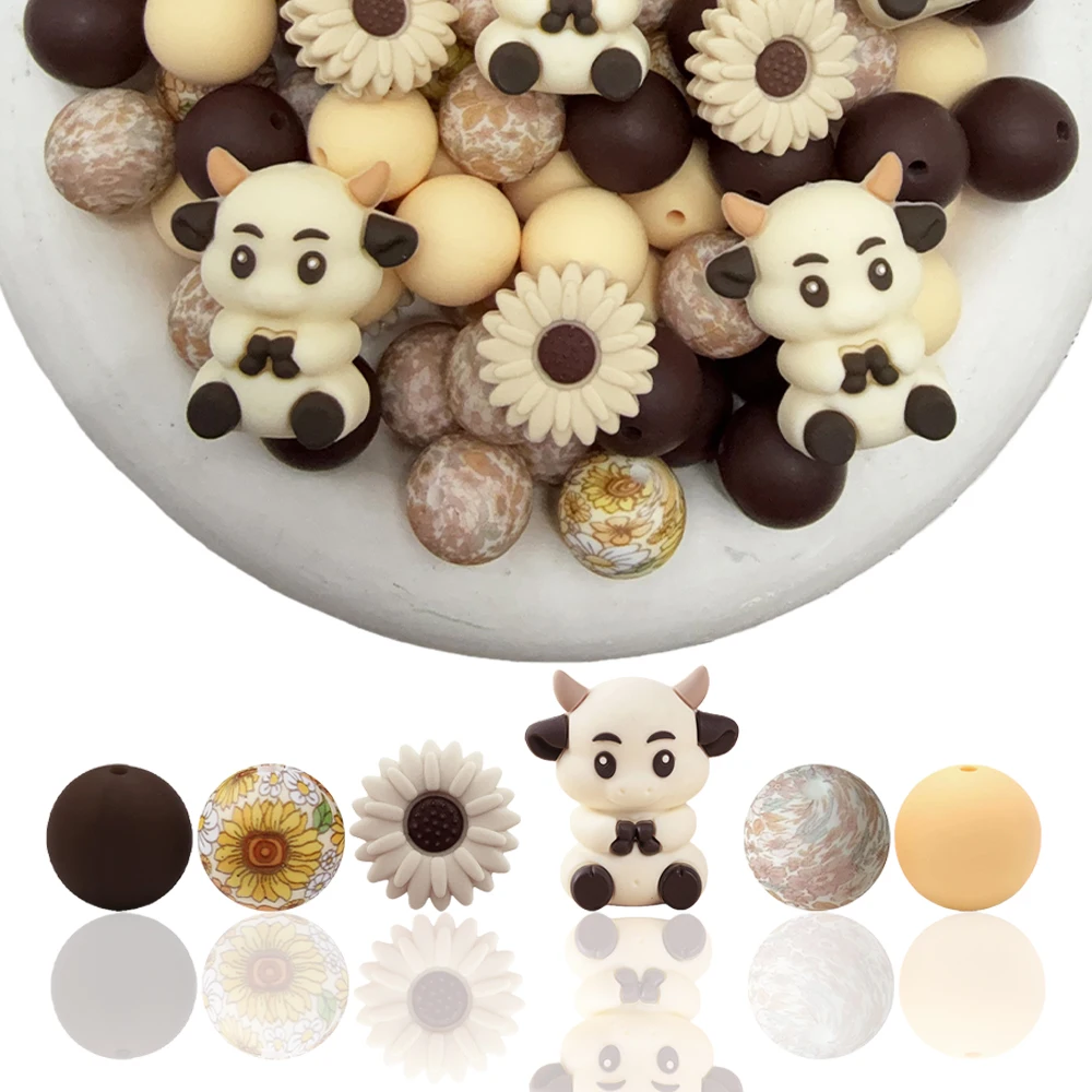 34Pcs Daisy Cow Silicone Beads Set DIY Beaded Necklace Bracelet Decoration Pen Jewelry Pendant Etc. Holiday Birthday Gift