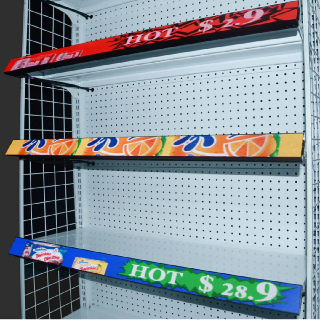 

High resolution P1.25 COB Led shelf display screen 300mm*60mm smart control easy installation supermarket shop advertising