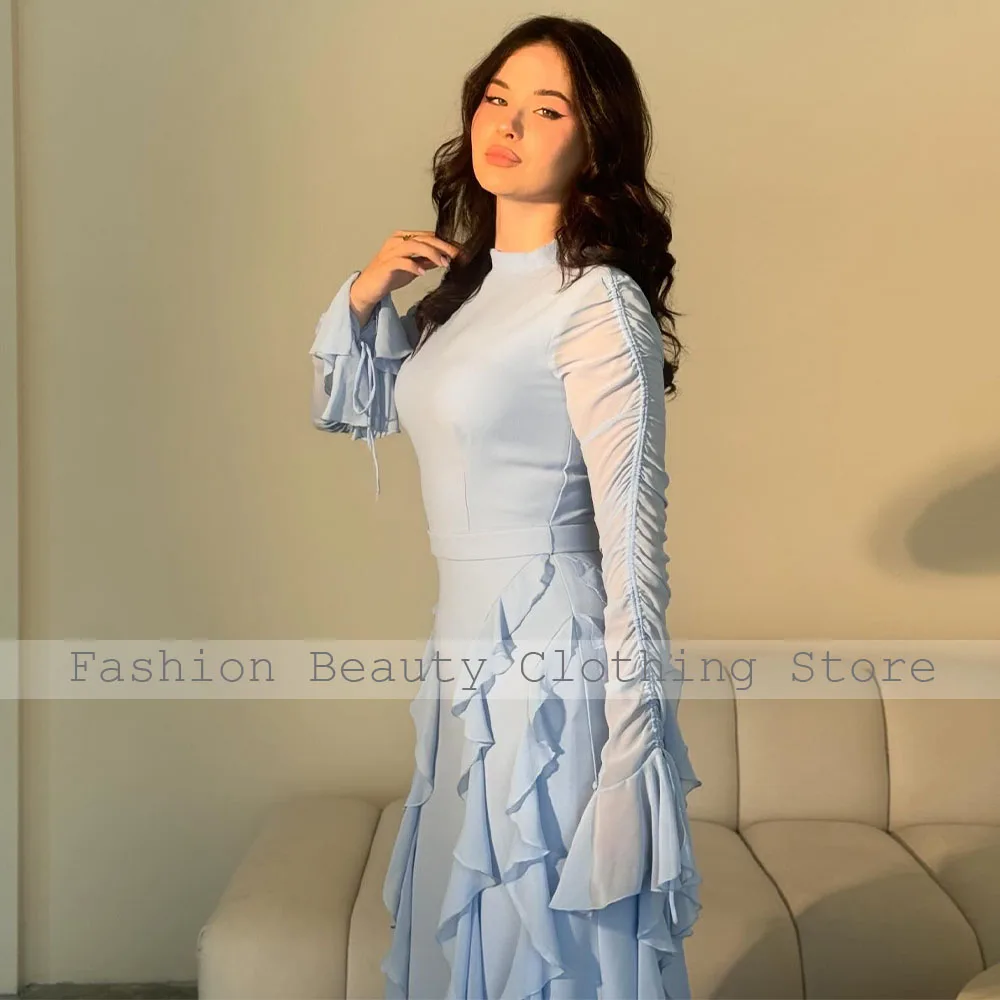 Women's Evening Dress Light Sky Blue Full Sleeves High Collar Elegant Evening Gowns Long Ruffle A Line Chiffon Formal Party Gown