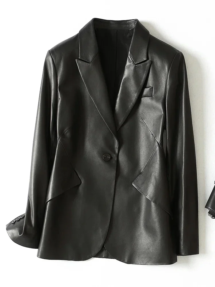 Leder echte Damen Blazer Jacke Frühling Herbst 2024 neue Mode Single Button lang ärmel ige natürliche Schaffell Mantel Jaqueta