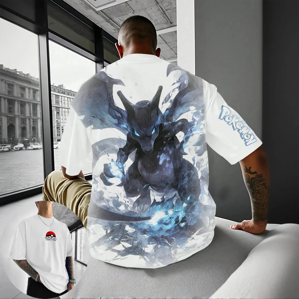 Camiseta Pokémon masculina e feminina Mega Charizard X Anime, camiseta versátil para verão e primavera, manga curta para meninos, roupas para pais e filhos