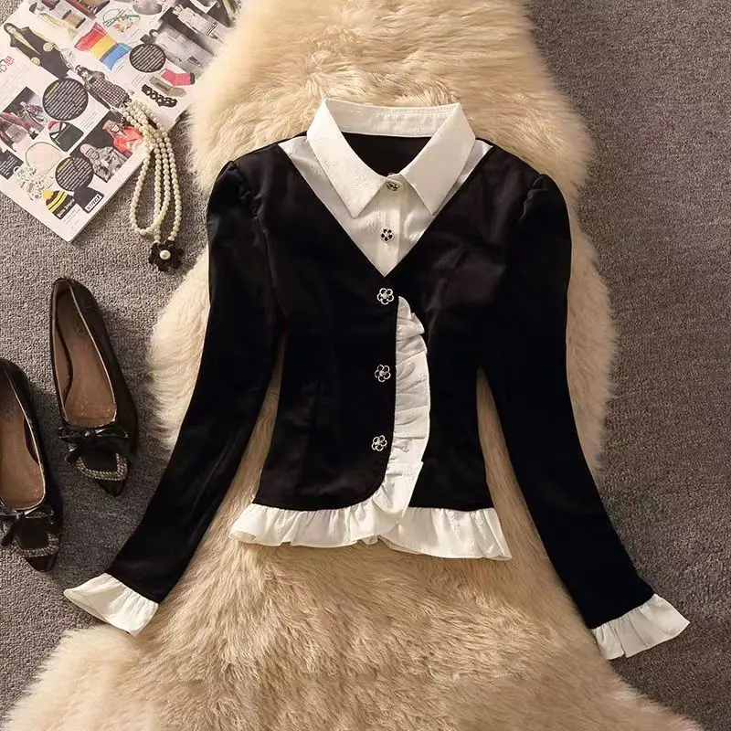 

Autumn short style MM new style contrasting black fungus edge short style flared sleeve cardigan