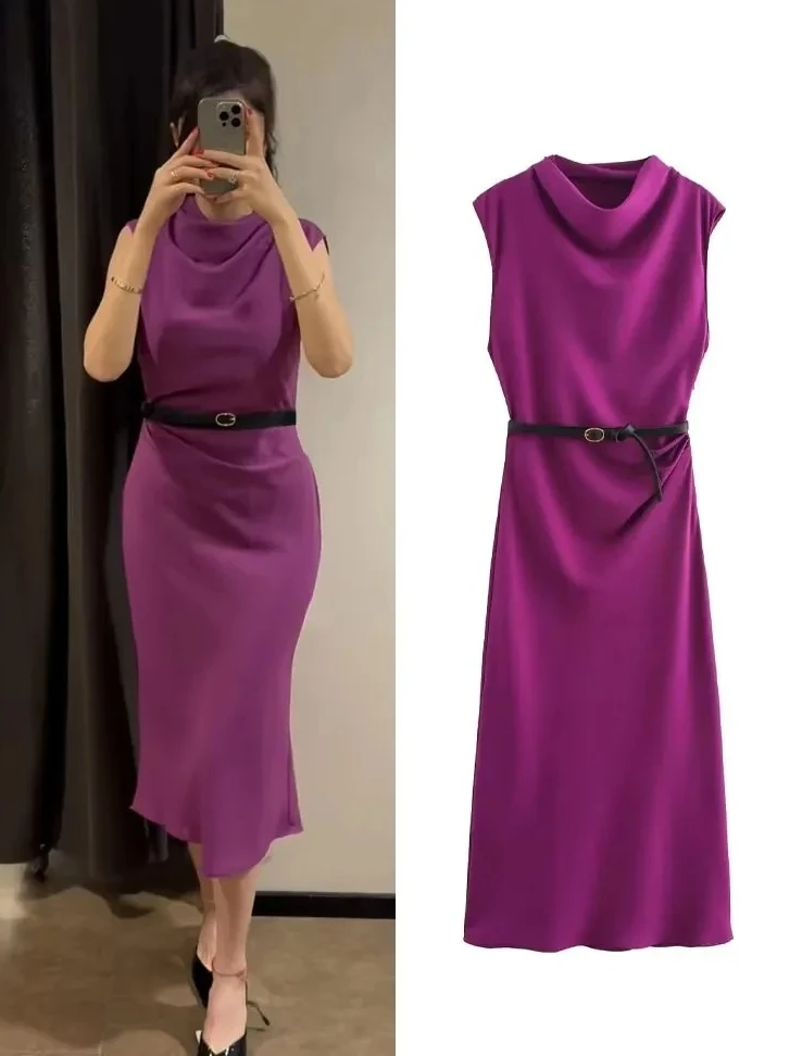 

Elegant Chic Slim Dresses For Women New Summer Fashion Belted Sleeveless Backless Midi Dress Retro Casual Solid Vestidos