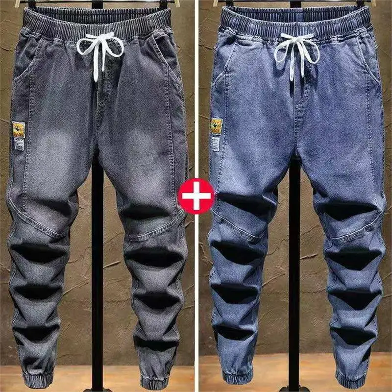 

Retro Washed Loose Fit Work Jeans Men's Denim Pants Drawstring Waist Cargo Pockets Youth Casual Summer Trousers Harajuku Style