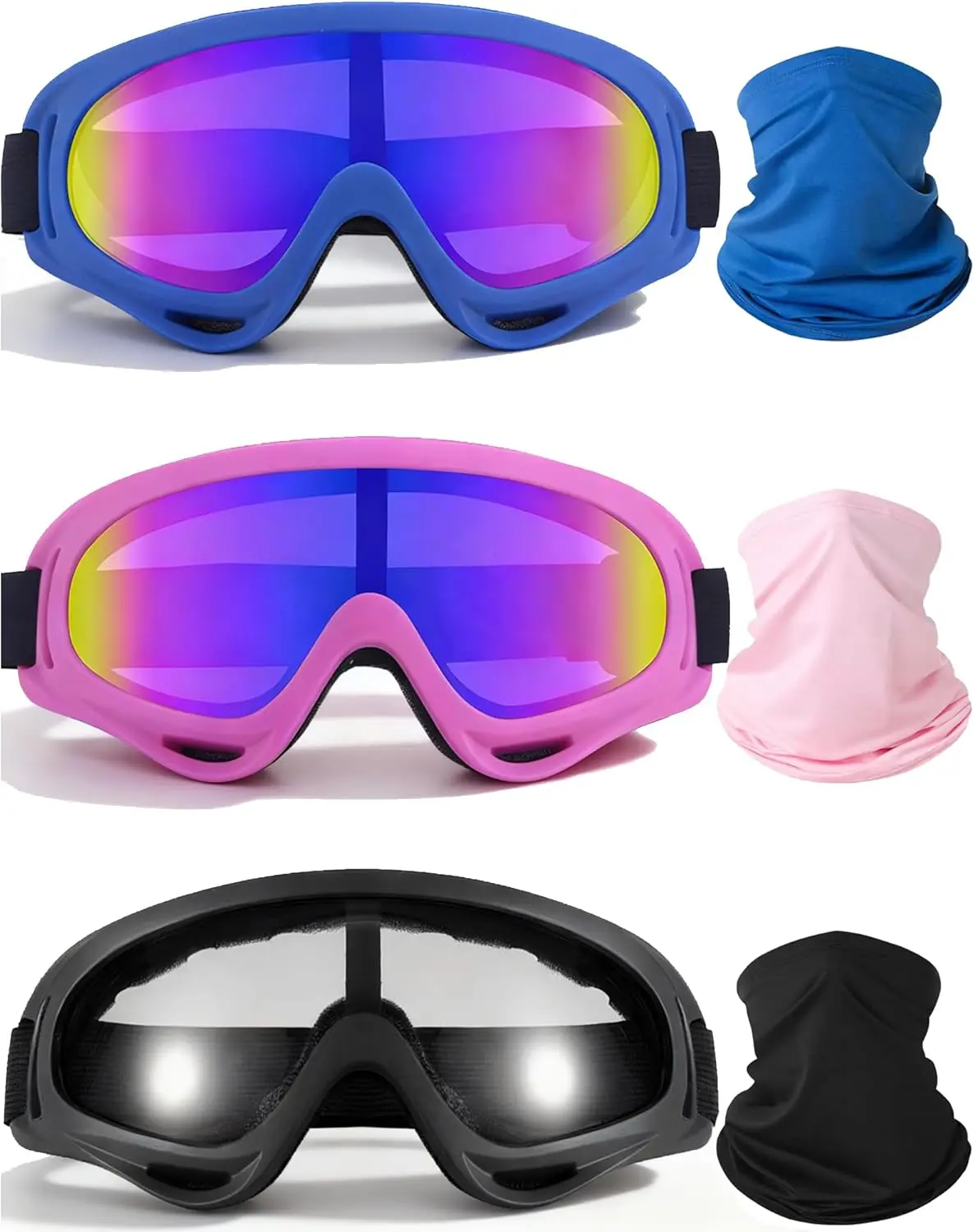 

3 Pairs Motorcycle Goggles UV Protection Ski Goggles with Neck Gaiter for Dust and Windproof Riding