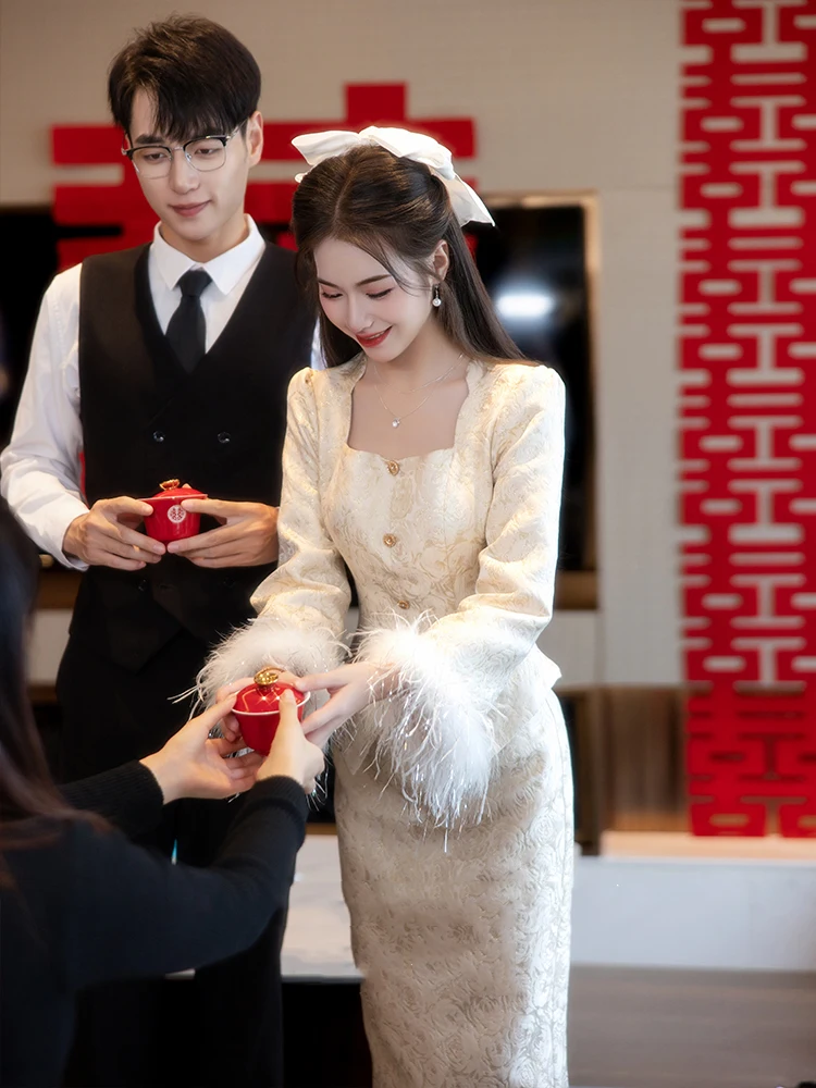 

New Chinese Sle Wedding Dr Long Sve Two-Piece Set Return Home Ceremony Women's Suit Wedding Celebration Evening Gown