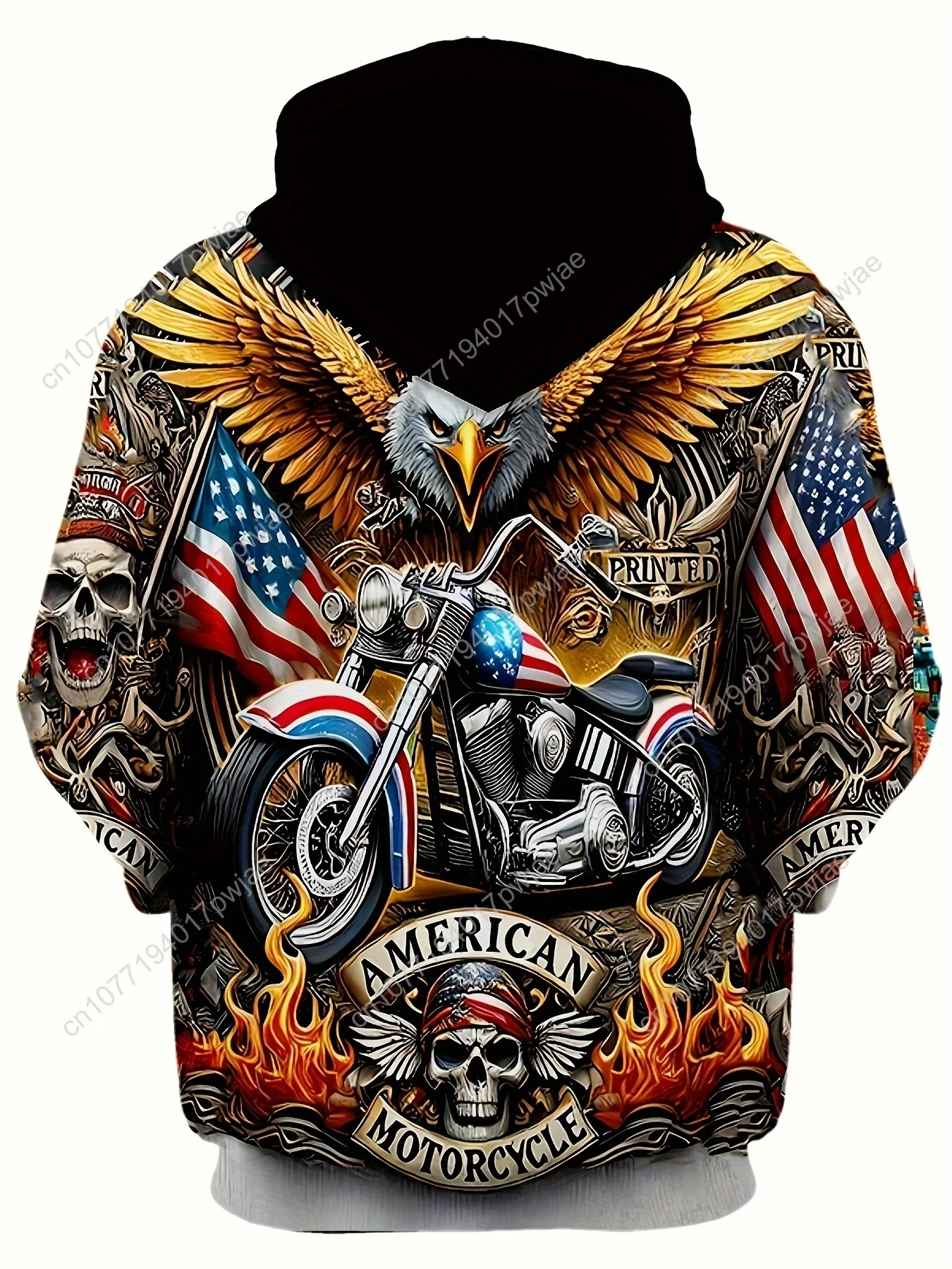 Herren-Kapuzenpullover mit patriotischem Adler und Motorrad-Grafik – langärmlig, lässiger Pullover mit Kordelzugtasche, amerikanisches Flaggen-Design, P