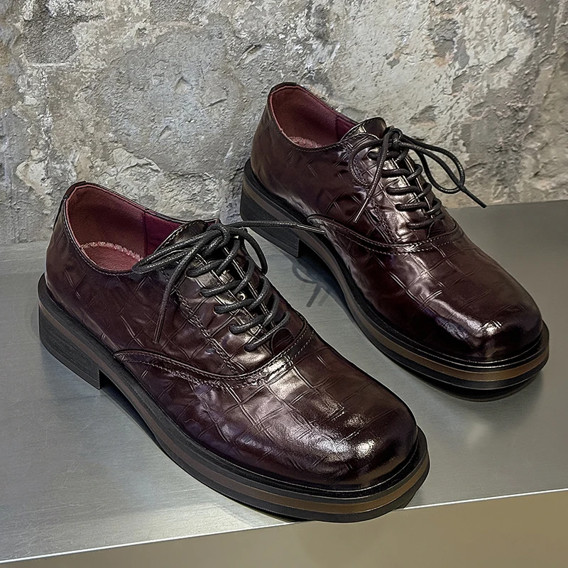 Men New Square Toe Derby Shoes Embossed Crocodile Pattern Business Dress Shoes Classic Commuting Niche High-end Casual Shoes