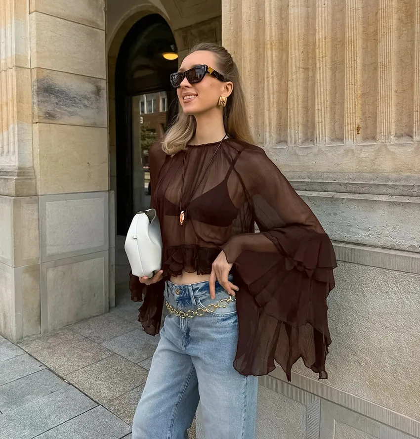 

New Womens Shirts Spring Summer Sexy Slim Fit See-through Fashion Loose Tops Long Sleeves Round Neck Lotus Leaf Sleeves Clothing