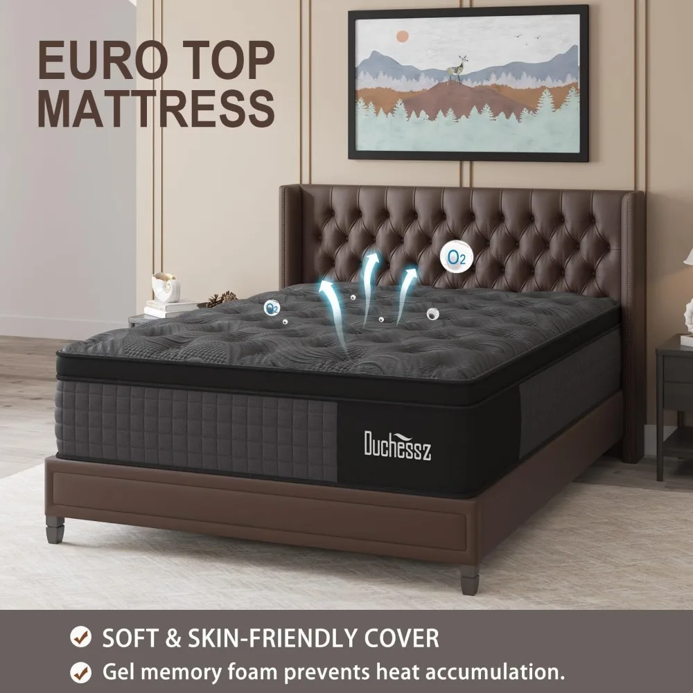Matelas Queen hybride moyen ferme de 12 pouces avec mousse à mémoire de forme gel et sommier européen à ressorts intérieurs avec poches