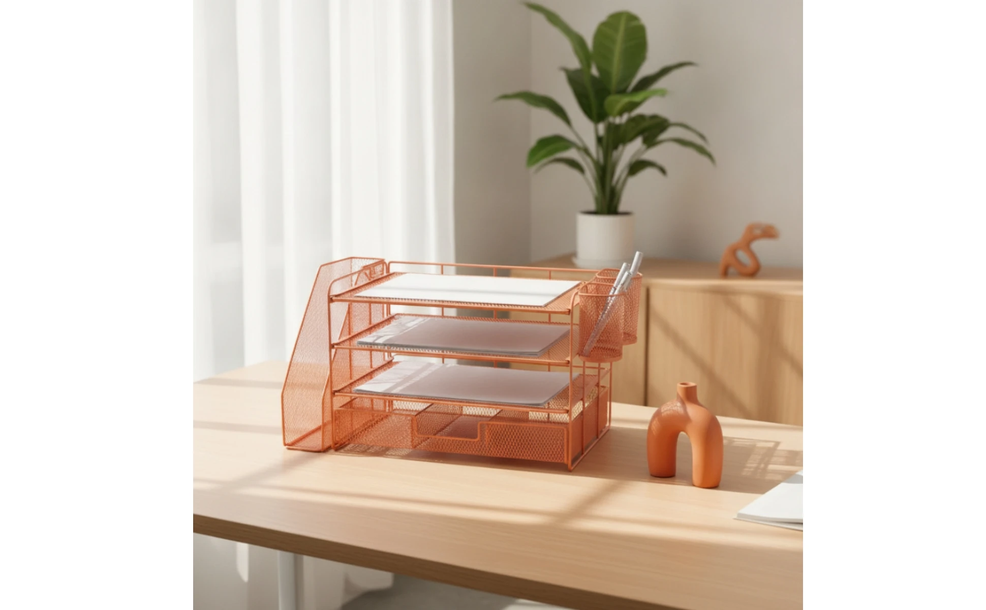 Mesh Desk Organizer with File Slot 4-Tier Desktop Organizer Rack Paper Letter Holder Open Design for Professionals, Office