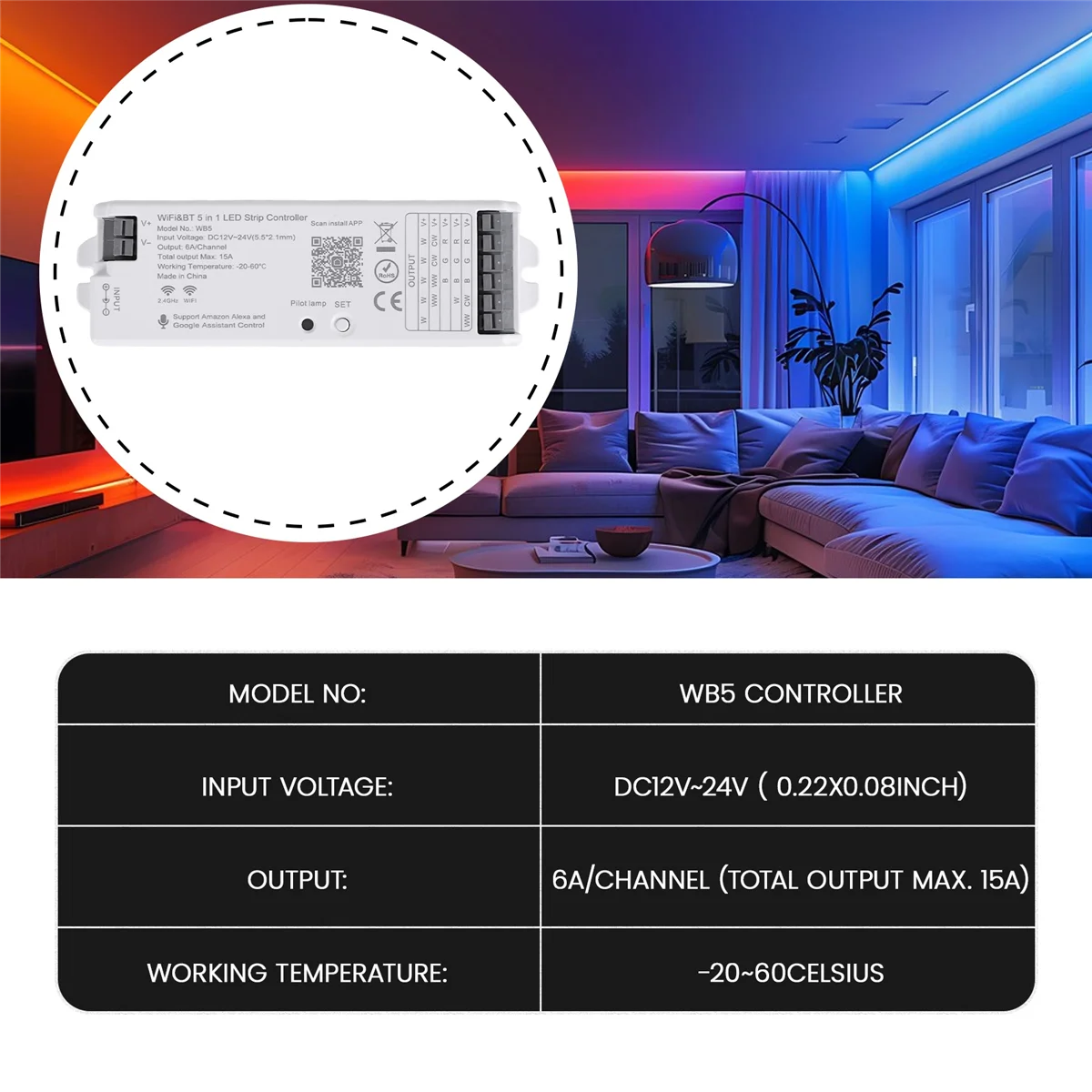 

Контроллер светодиодных лент BAAX WB5 WiFi Bluetooth RGB CCT RGBW 5в1 с регулируемой яркостью DC12-24V Контроллер освещения для приложения Smart Life