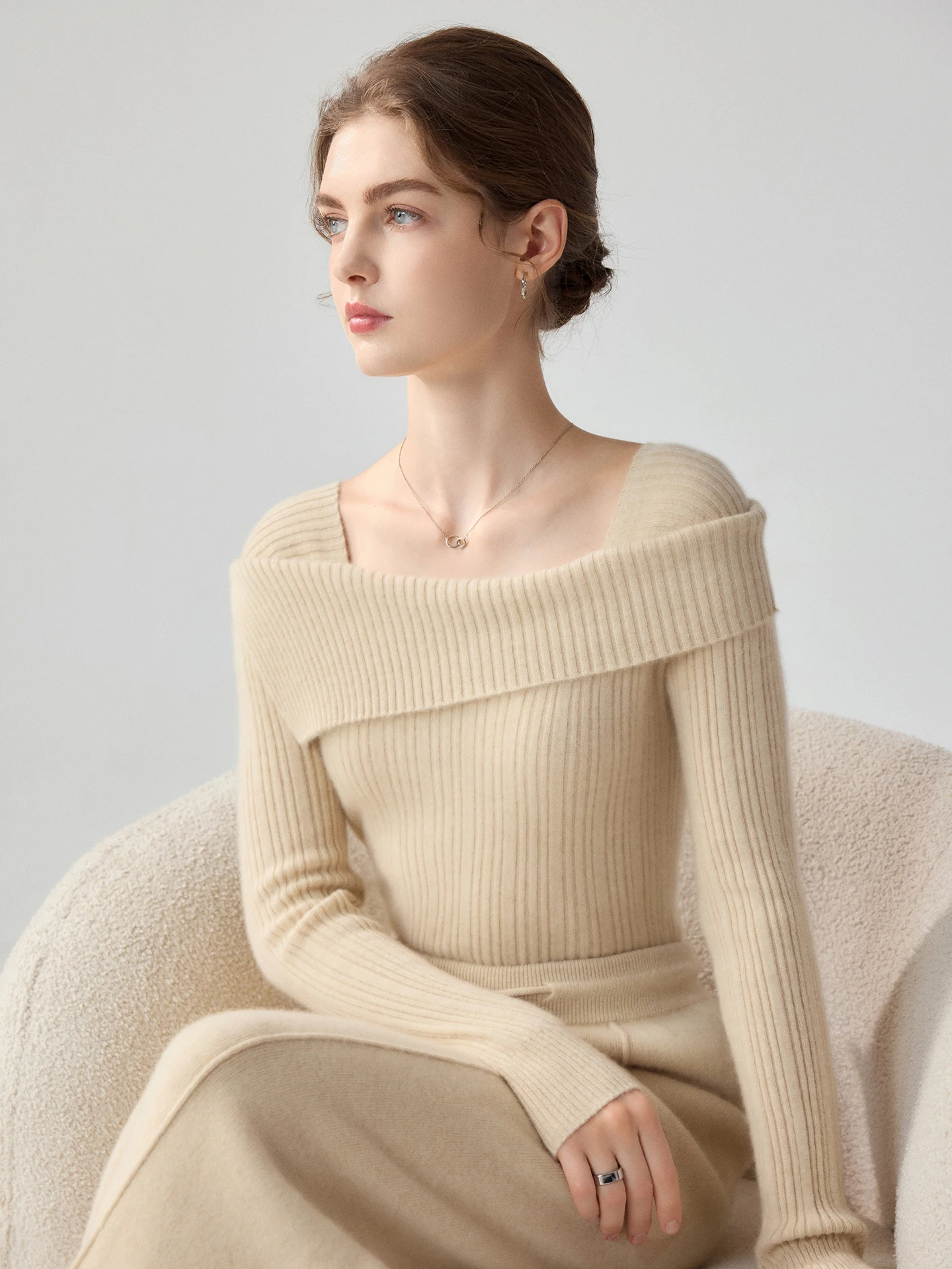TLOML Women 100% Cashmere Sweater French Style Slash Neck  Pit Striped Pullover Cashmere Knitwear Autumn Winter Slim Elegant Top