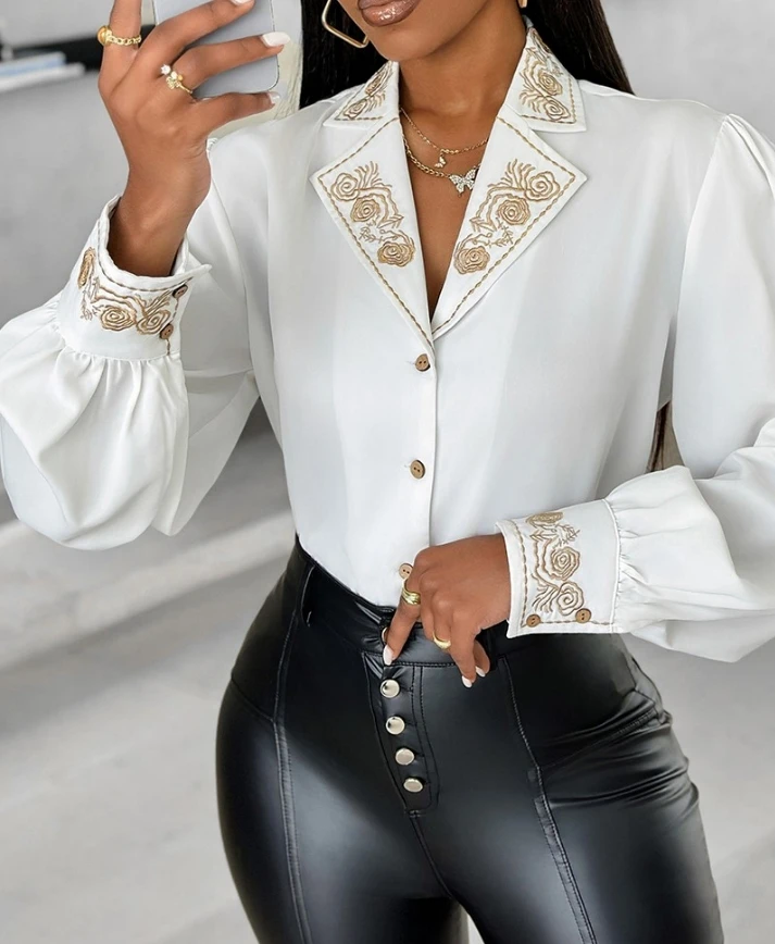 2024 Women's Spring/Summer Shirt Embroidered Ribbed Notched Collar Button Commuter Interview Daily Top