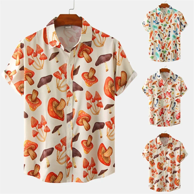 

Men's Designer Hawaii Shirts Short Sleeve Tops Summer Hawaiian Fashion Mushroom Print Travel Hiphop Casual Male Clothing Blouse