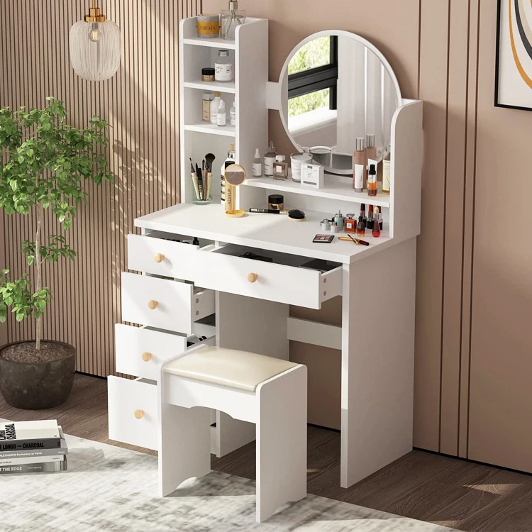 Factory Direct 2026 Specchio rotondo a LED Touch Screen Comò in legno Cassettiera da scrivania Scaffali Spogliatoio Tavolo