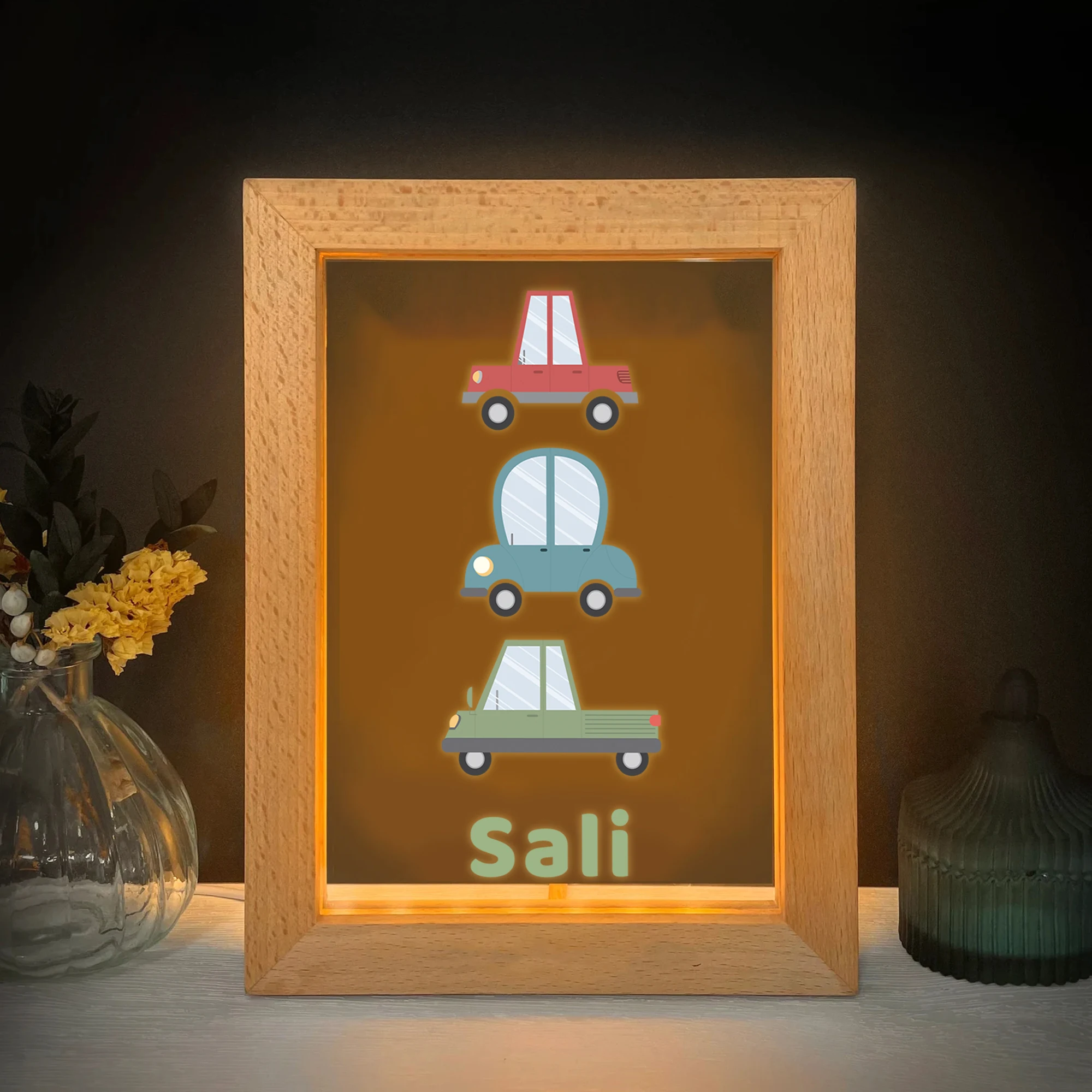 2D شقة مخصصة اسم سيارة LED الاكريليك ليلة ضوء الخشب إطار الصورة 21x17 سنتيمتر الكرتون الأطفال غرفة نوم الهدايا ديكور المنزل #3