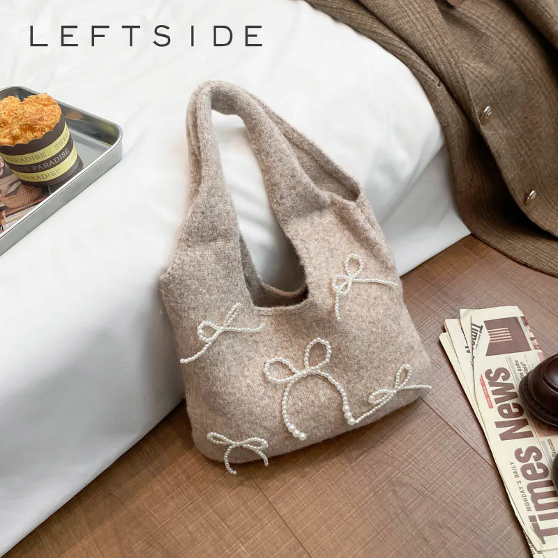 

LEFTSIDE Women Plush Handbag with Pearl Bow Shoulder Tote for Sweet Cute Bedroom Aesthetic Purse with Cozy Home Decor Vibes