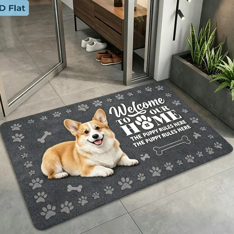 Corgi Paw Welcome Our Home Mat Gray Background Bone Paw Print Script Text Non Slip Indoor Entrance Rug For Dog Lover Home