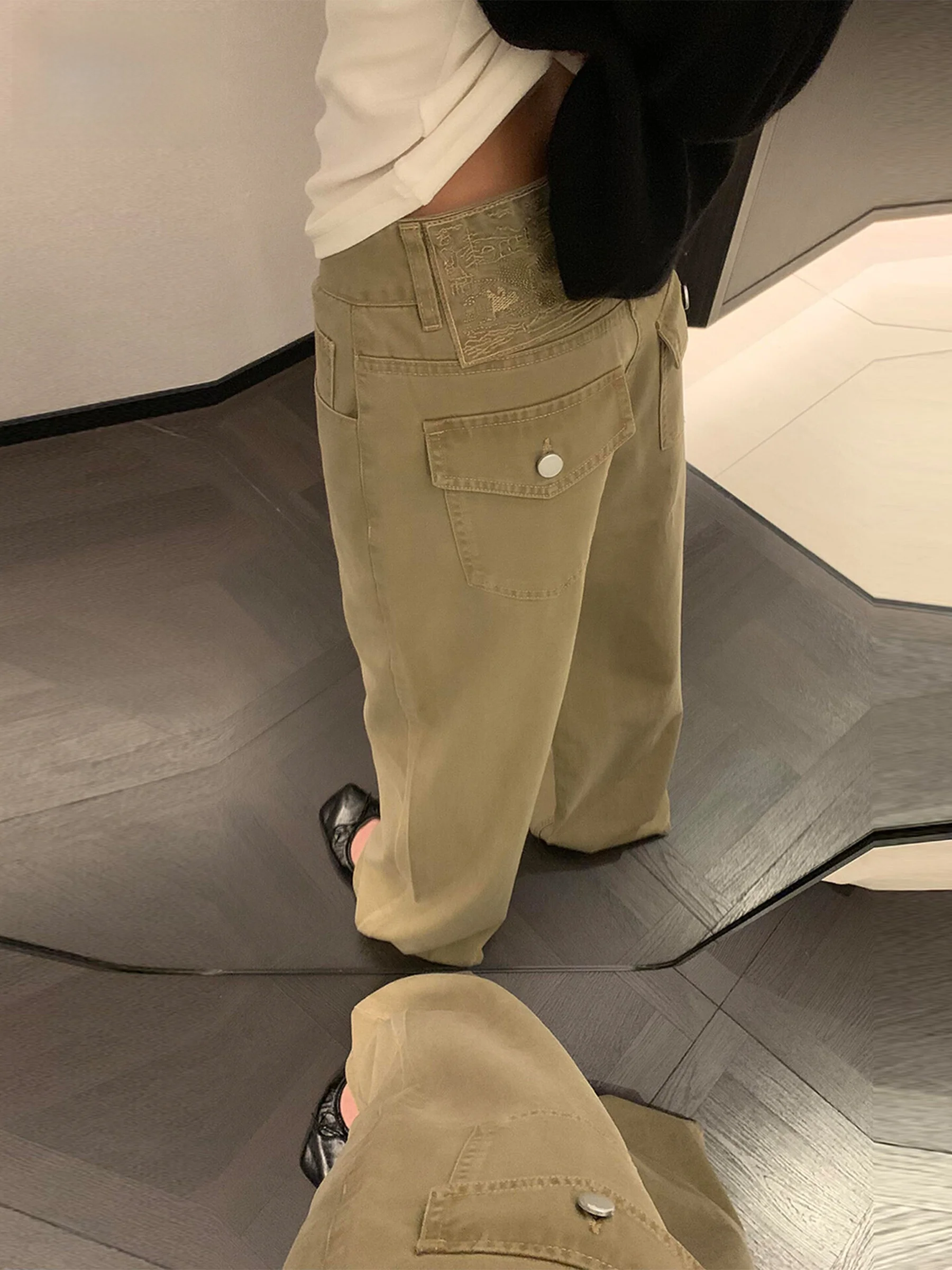 

Khaki American Retro Low Waist Straight Leg Jeans Women's Summer Hot Girl Loose Slim Wide Leg Pants Casual High Waist Button