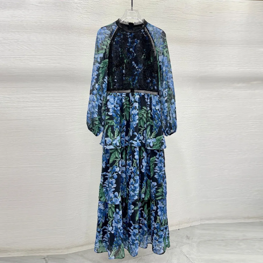 Elegante vestido longo em camadas novo sino azul impresso solúvel em água gancho flor cintura cinching vestido de manga longa 250226 XQ