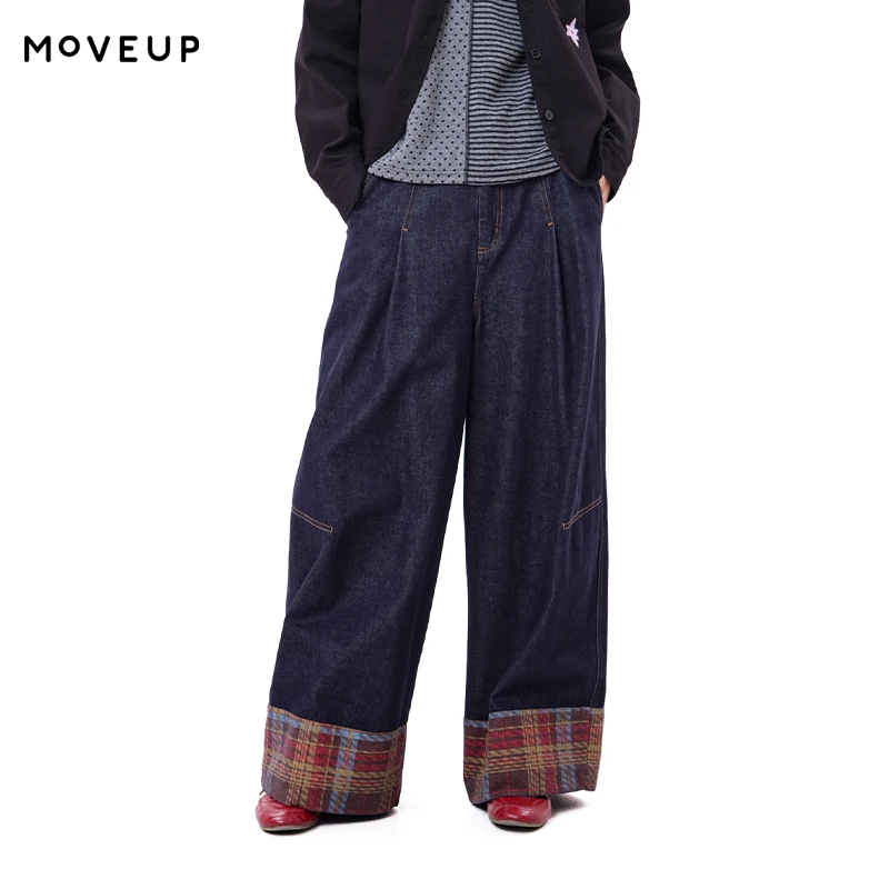 MOVEUP 100% Cotton Denim Straight Pants Winter Back Elastic Waist Plaid Cuff Turn Up Loose Casual Wide Leg Trousers 3ELD40102