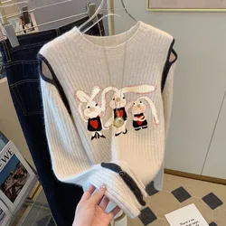 Cartoon Embroidery Women's Sweater Pullovers Leaky Shoulder O Neck Knitted Jumper Female Korean Fashion Soft women's clothing