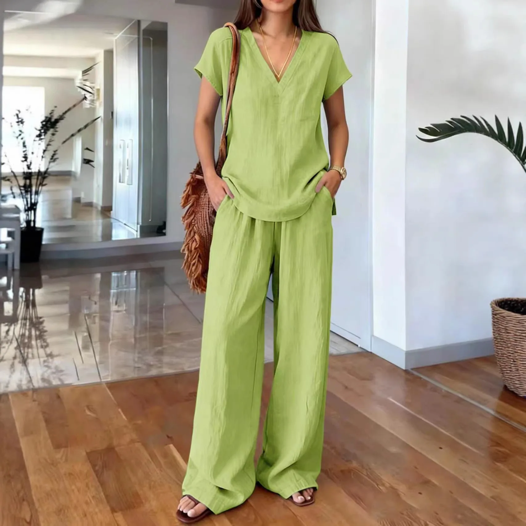 

Elegant 2 Piece Set Women Outfit 2026 Summer Solid Color Short Sleeve V-neck Tops And Wide Leg Pants Sets Casual
