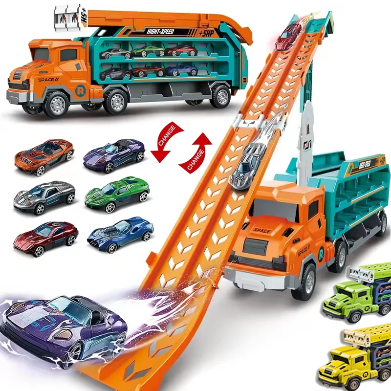 Toddler Transporter Truck Deformation Car Glide Lift Racetrack Rail Foldable 2 Layer 2.8 Ft Race 6 Alloy Trolleys Kids Toy Gifts