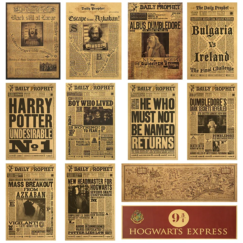 Harried Potter Vintage Poster Newspaper Kraft Paper Decorative Bookshop Bedroom Door Decoration Wall Sticker Painting Toys