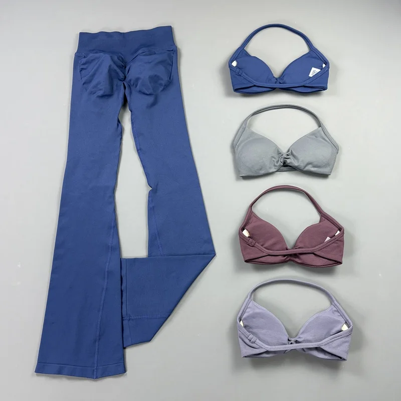 2Pcs Seamless Halter Neck Backless Padded Sports Bra Set Soft Wide Leg Hip Lifting Flare Yoga Pants Slim Fit Gym Workout Set