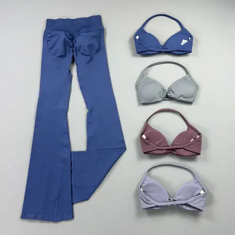 2Pcs Seamless Halter Neck Backless Padded Sports Bra Set Soft Wide Leg Hip Lifting Flare Yoga Pants Slim Fit Gym Workout Set