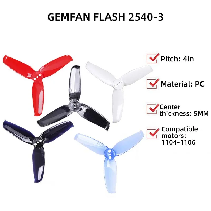 GEMFAN FLASH 2540 Three-Blade Propeller, 2.5-inch, 4-Pack (4CW, 4CCW), Compatible with 1104 and 1105 Motors
