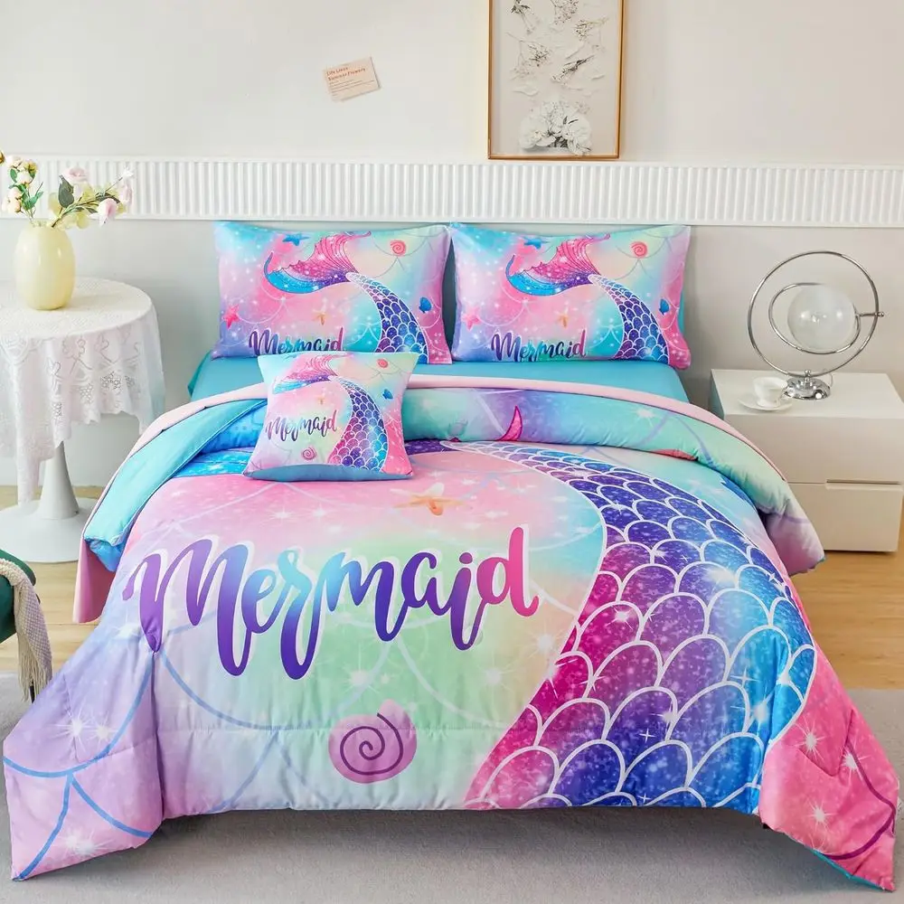 

Mermaid Full Girls Bedding Set, Colorful Rainbow Kids Girls Comforter Set with Sheets Soft and Lightweight, 6 Pieces Teen Girls