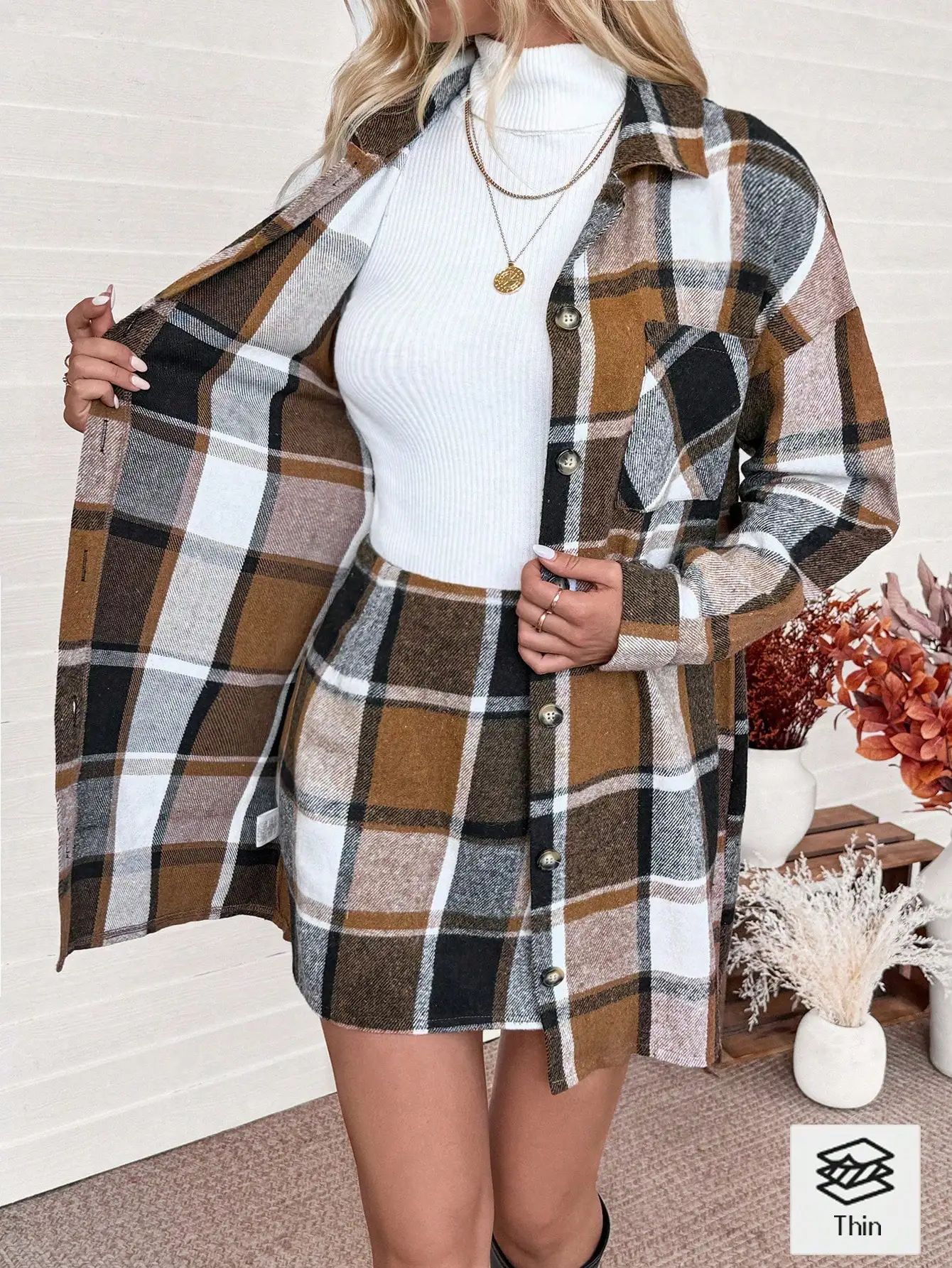 Plaid Button-Up Shirt & Mini Skirt Set for Women, Casual Fall Outfit, Long Sleeve Matching Set