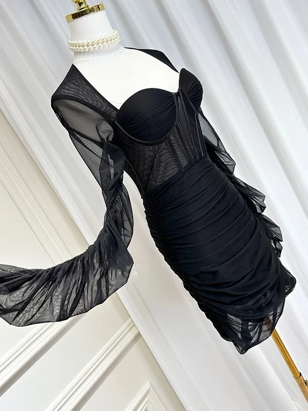 Pure Desire Style  Dress Fishbone Design Soft Gauze with Chest Pad Waist Cinching Pleated Bodycon Dress Sexy Lady Dress
