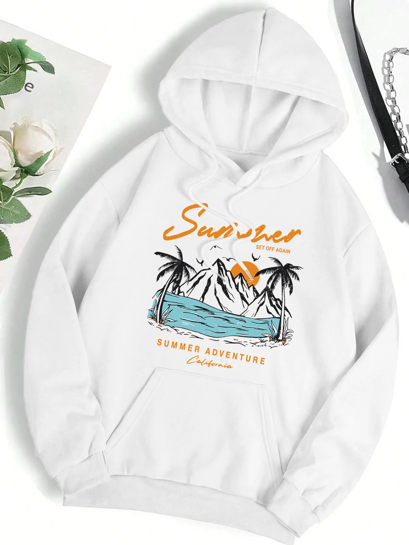 Summer Adventure Black Print Women Hooded Casual Oversize Warm Hoodies Autumn Loose Comfy Hoodie Fleece Versatile Sportswear