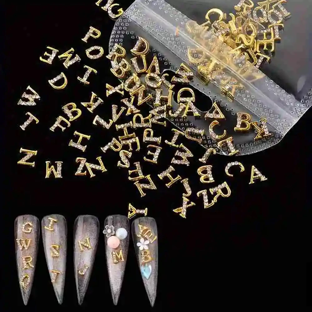 26Pcs Silver Rhinestone Alphabet Nail Charms Set-A-Z Letters Nail Gems,Custom Name Initial Nail Art Decorations for Acrylic Nail