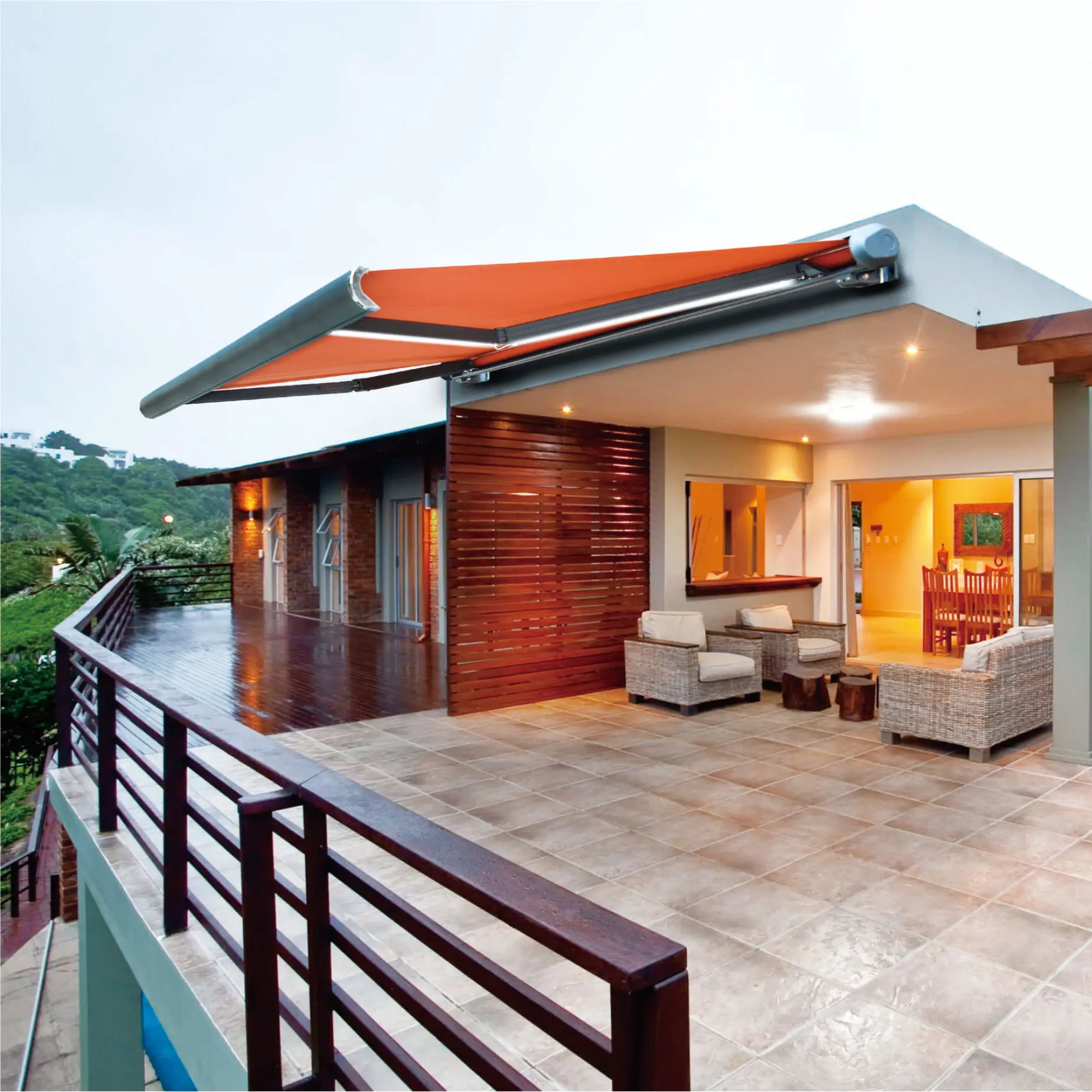 Heavy Duty Outdoor Retractable Rainproof Sunshade APP Startup Leisure Electric Intelligent Canopy Acrylic Material Villa Awning