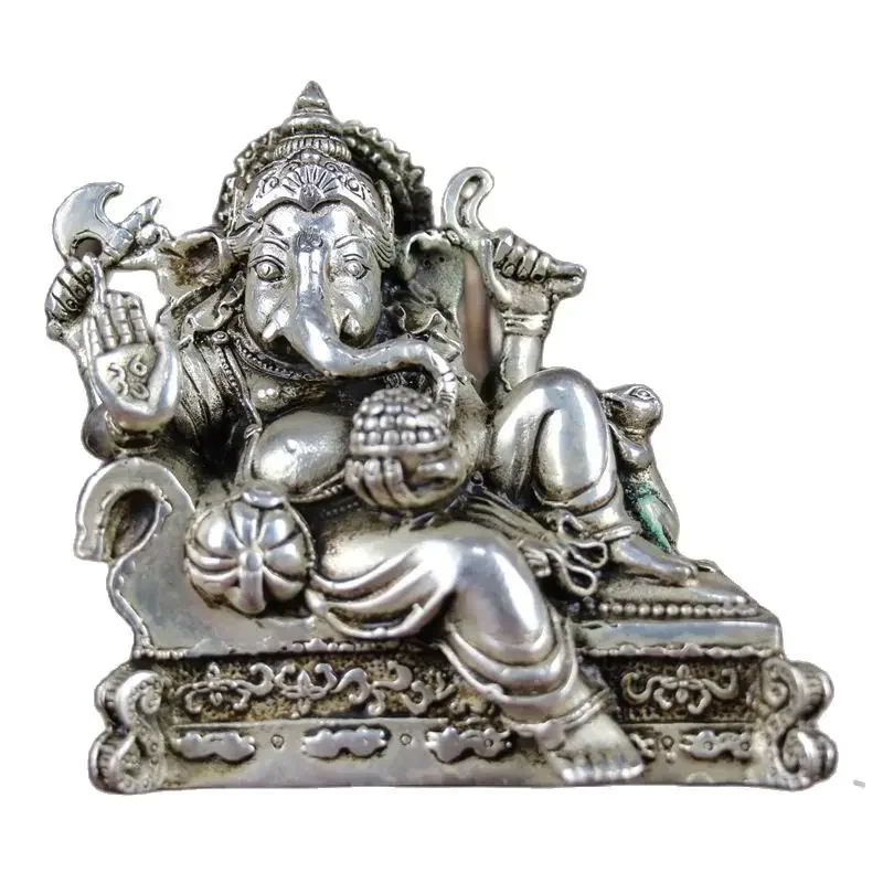 China Old Feng Shui Ornaments White Copper Silver Plating Four Hand Elephant God Of Wealth Statue