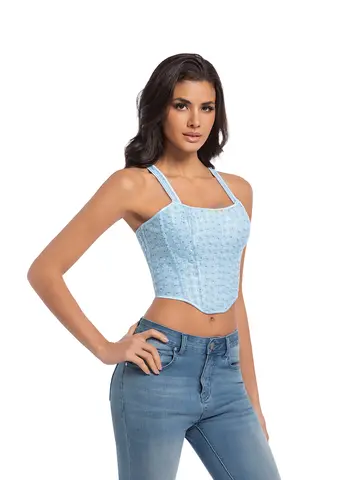 A fresh and light blue double shoulder strappy corset  fishbone women is shaping top cross border supply