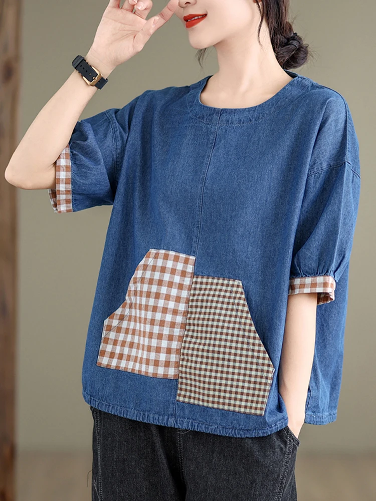 Max LuLu Japanese Designer Clothes Womens Summer Fashion Denim Plaid T-shirts Ladies Casual Vintage Loose O Neck Tops 2024 Tees