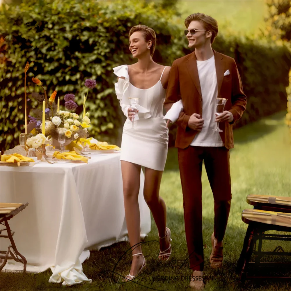 

QICHE Simple Short Satin Sheath Wedding Dresses Women 2026 Boat-Neck Spaghetti Straps Open Back Vestidos De Noiva Customized